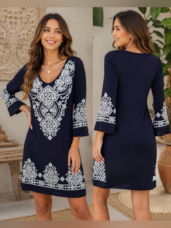 a'gaci Dresses & Skirts - a'gaci Navy Blue 3/4 Flare Sleeves Dress w/ White Embroidery, Lightweight Classy